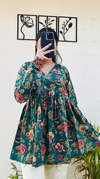 MEERA FAB Women Cotton Regular Short Kurti Stylish Floral Printed Top Green, Small - Image 5