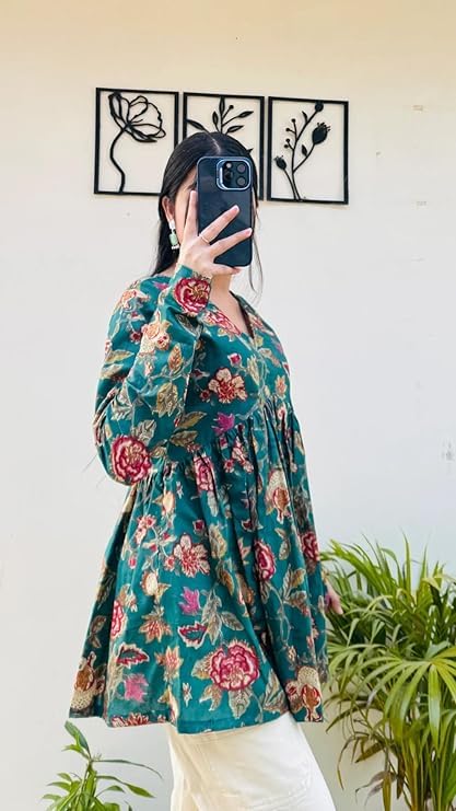 MEERA FAB Women Cotton Regular Short Kurti Stylish Floral Printed Top Green, Small - Image 2