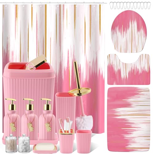 WSBArt 32PCS Bathroom Sets with Shower Curtain and Rugs-Grey Bathroom Accessories,Non Slip Bathroom Rugs Set with Toilet Lid Cover, Waterproof Shower Curtain, 3PC Soap Dispenser with Trash Can - Image 1