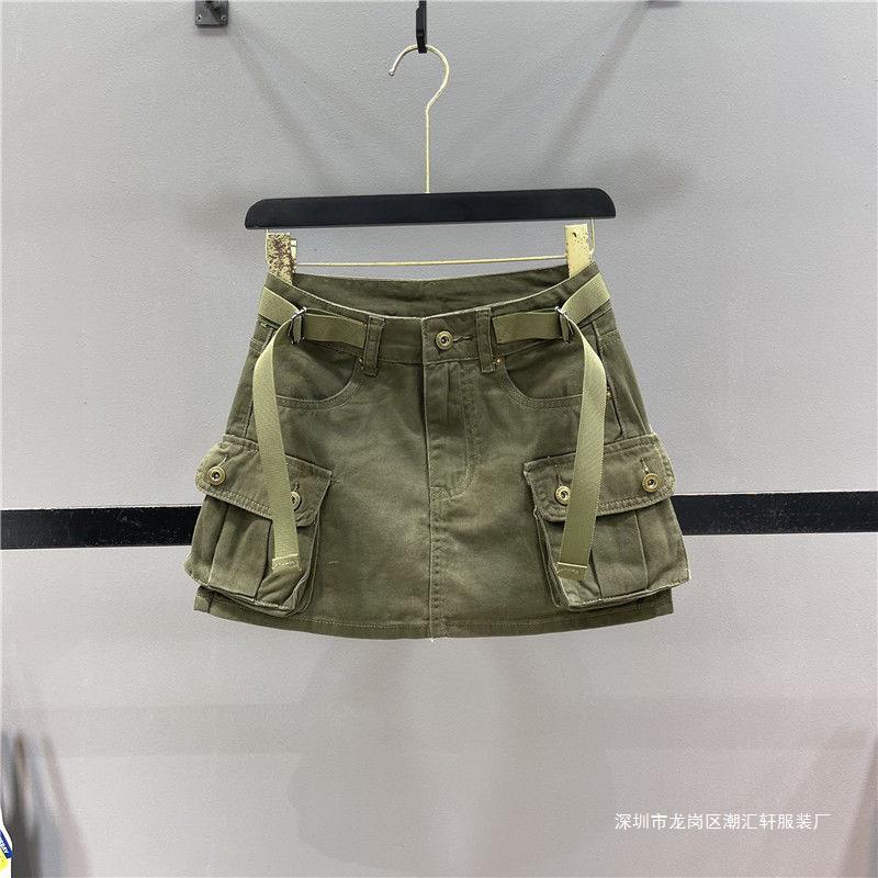 Spring/Summer 2023 New Foreign Style Spice Girl Large Pocket Tooling Strap Denim Bust Skirt Hip A- Line Skirt - Image 3