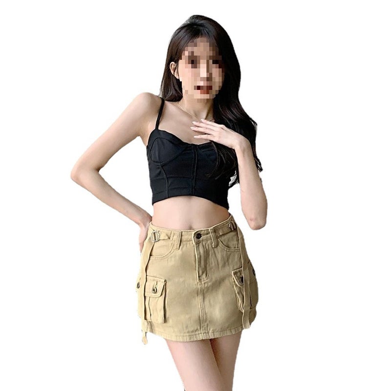 Spring/Summer 2023 New Foreign Style Spice Girl Large Pocket Tooling Strap Denim Bust Skirt Hip A- Line Skirt - Image 5