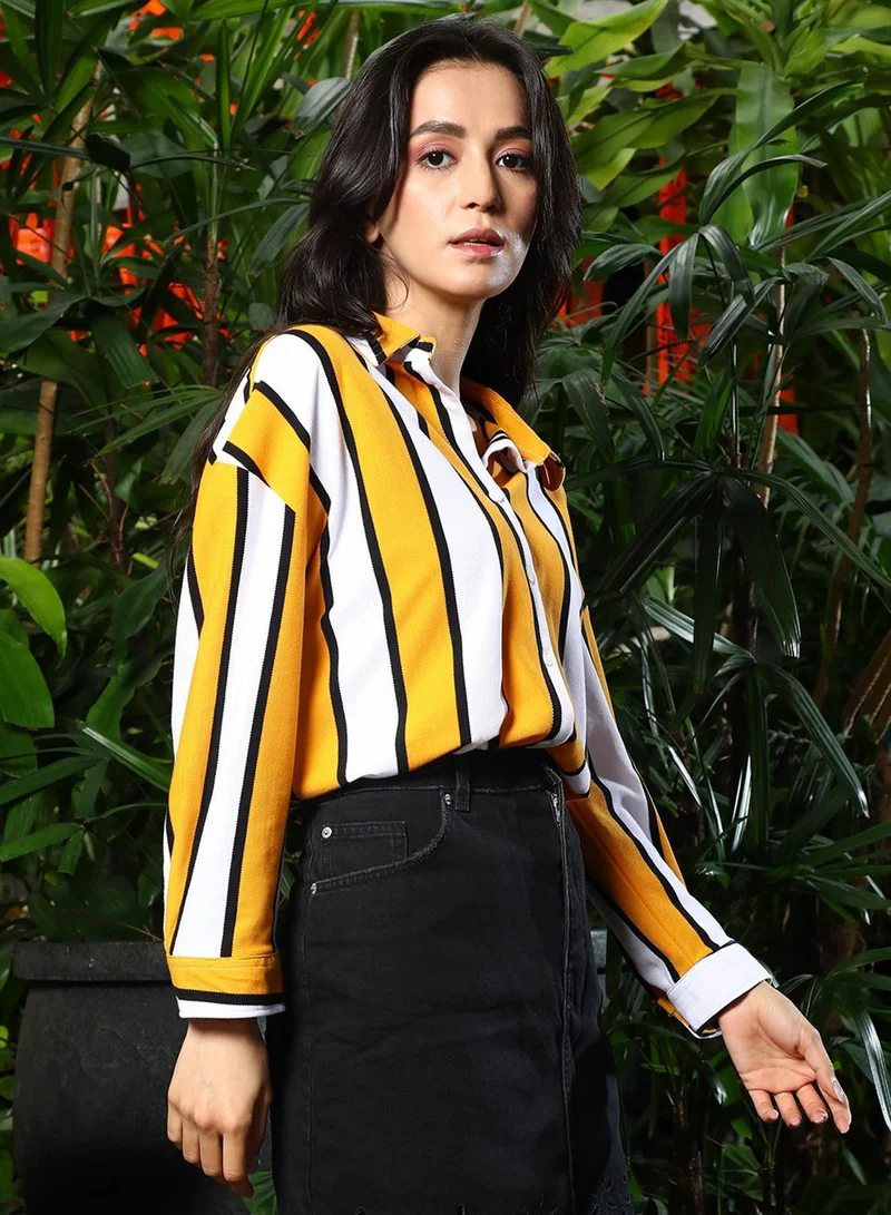 PINACOLADA Women's Mustard Yellow & Chalk White Striped Boxy Shirt