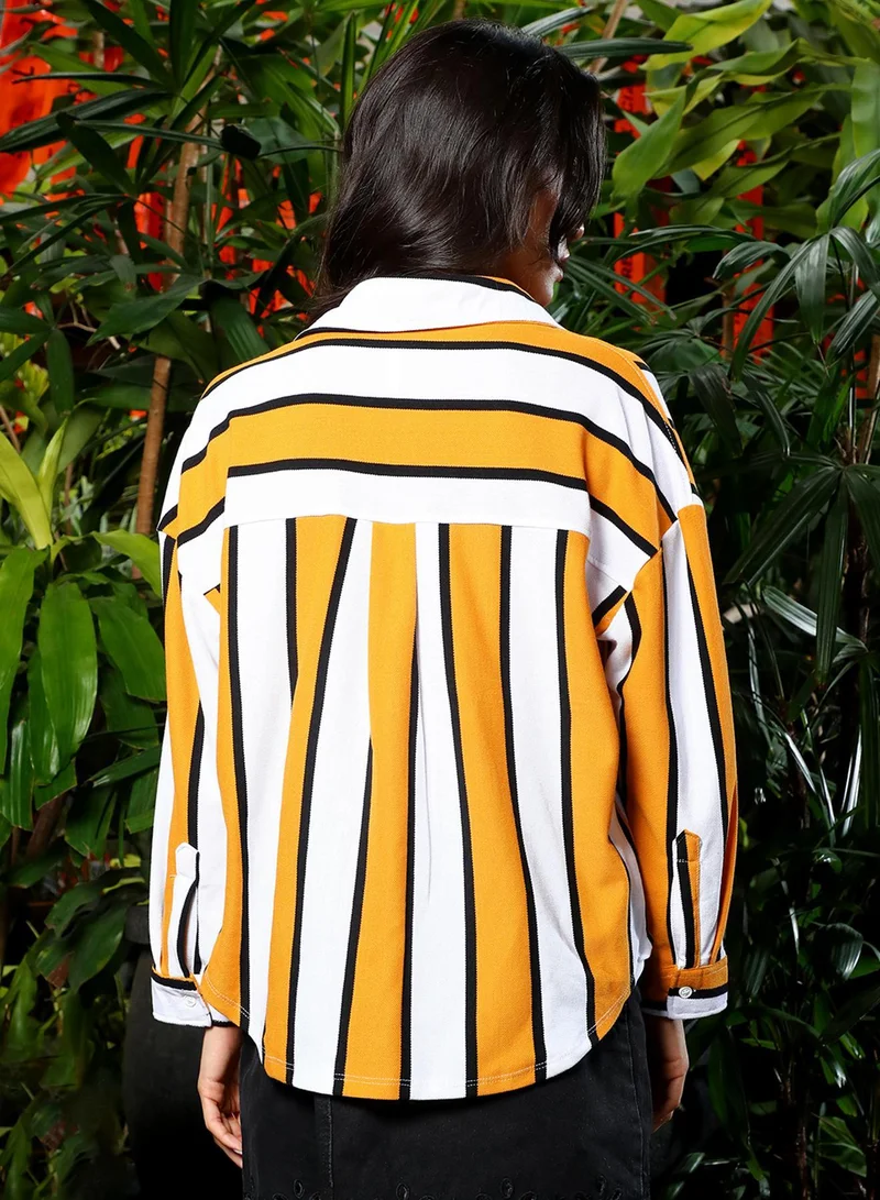 PINACOLADA Women's Mustard Yellow & Chalk White Striped Boxy Shirt