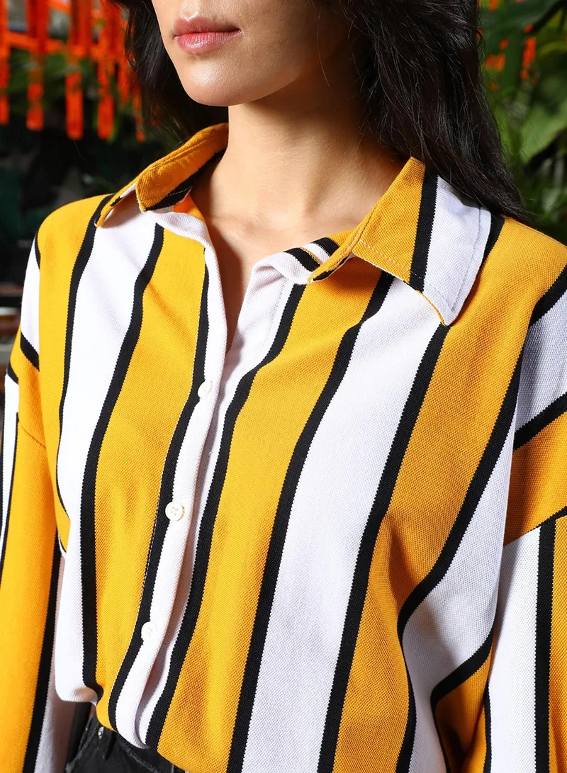 PINACOLADA Women's Mustard Yellow & Chalk White Striped Boxy Shirt