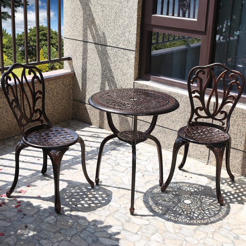 3 Piece Bistro SetOutdoor Patio SetAntiRust Cast Aluminum Bistro Table Set for Park Yard Front Porch FurnitureNew Brown