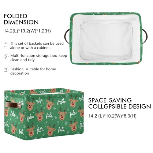 Wamika Green Christmas Reindeer Storage Basket with Waterproof Liner and PU Handles Winter Snowflake Xmas Storage Bins Boxes 142 Collapsible Decorative Organizer Baskets for Bedroom Closet Office 1 Pack - Image 3