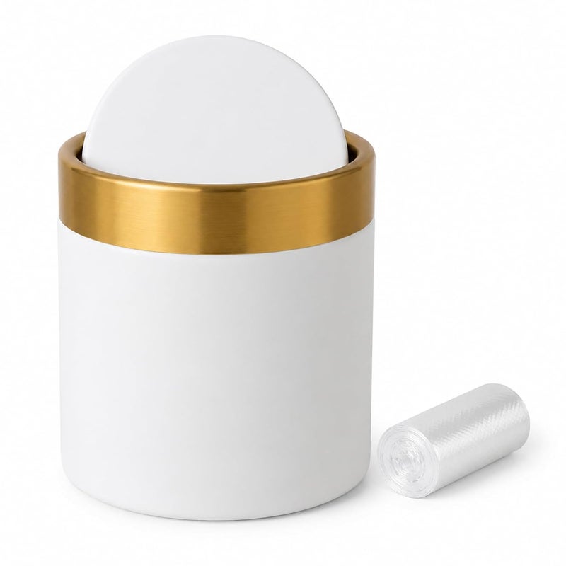 JILLICK Mini Trash Can with Lid, Stainless Steel Small Tiny, Countertop Trash Can for Desk Office Coffeetop, Swing Top Trash Bin 1.5 L/0.40 Gal, White Stain resistant - Image 1