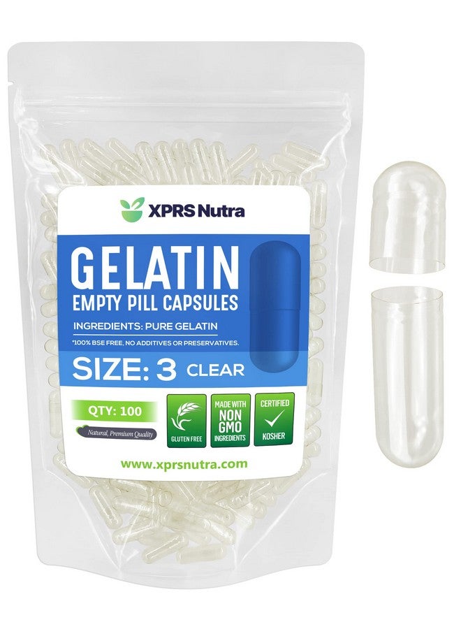 XPRS Nutra Size 3 Empty Capsules - 100 Count Clear Empty Gelatin Capsules - Pills DIY Capsule Filling - Pure Bovine Pill Gel Caps Fillable Do-It-Yourself Vitamins and Supplements - Image 1