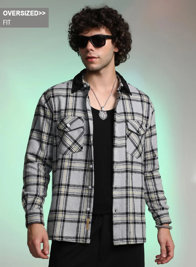 Campus Sutra Campus Sutra Men's Coin Grey Plaid Utility Oversized Shirt For Casual Wear | Spread Collar | Long Cuffed Sleeves | Button Closure | Oversized Shirt Crafted With Comfort Fit For Everyday Wear