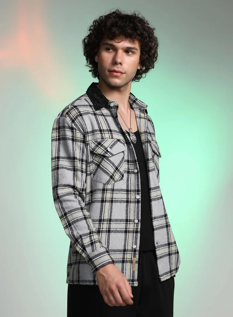 Campus Sutra Men's Coin Grey Plaid Utility Oversized Shirt