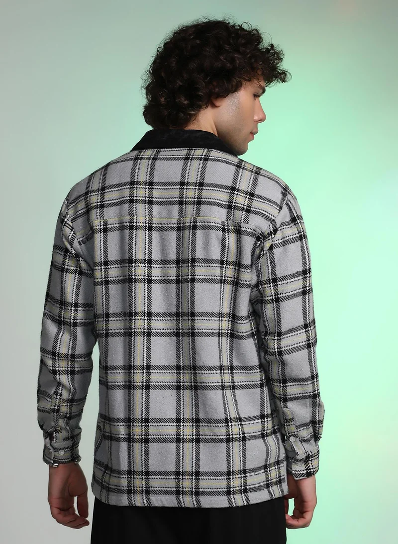 Campus Sutra Men's Coin Grey Plaid Utility Oversized Shirt