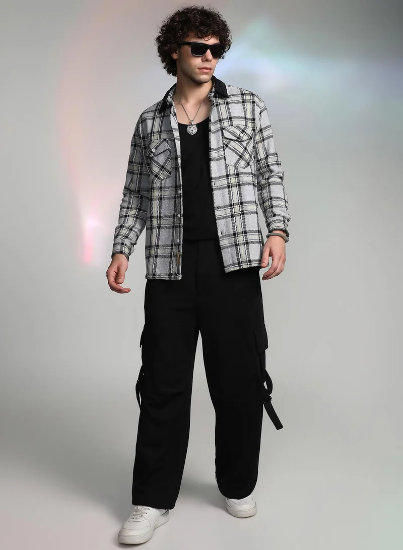 Campus Sutra Men's Coin Grey Plaid Utility Oversized Shirt