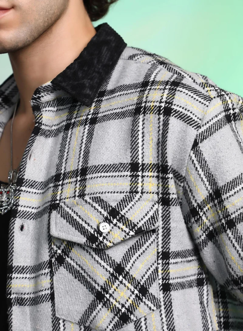 Campus Sutra Men's Coin Grey Plaid Utility Oversized Shirt