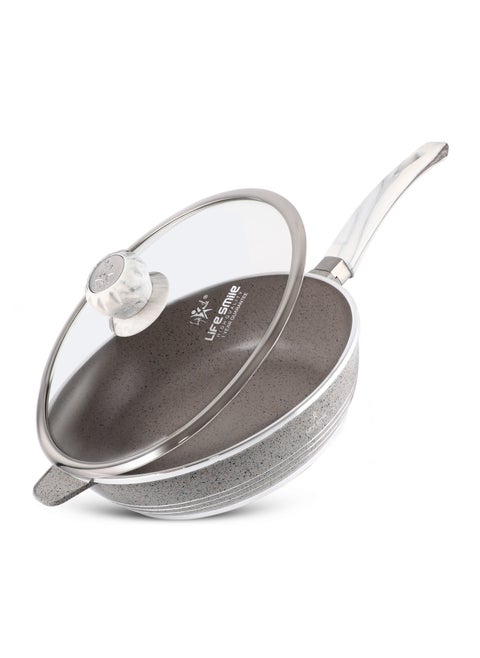 LIFE SMILE Deep Frying Pan 24cm With Lid - Multi Layer Granite Coating Non Stick Fry Pan | Heat Resistant Handle With Hanging Loop | Oven Safe (Gray)