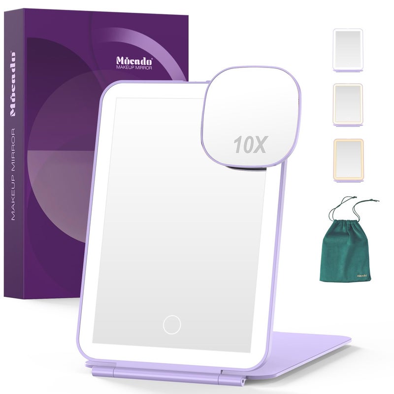 LED Foldable Travel Makeup Mirror  5x7 inches3 Colors Light Modes USB Rechargeable Touch Screen Portable Tabletop Cosmetic Mirror for Travel Cosmetic Office Violet