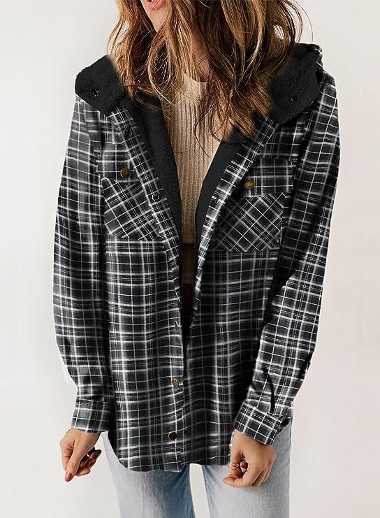 Womens Plaid Wool Hooded Jacket Long Sleeve Winter Coat Black 