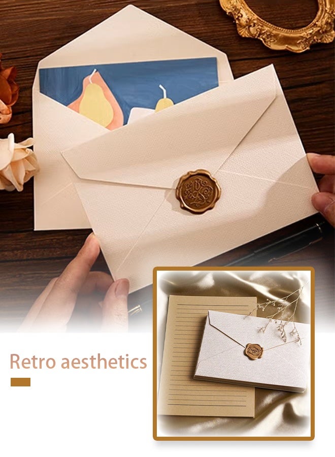 مجموعة ورق الكتابة والمظاريف مع ختم الشمع، 6 مظاريف بيضاء منقوشة عتيقة، 20 ورقة كرافت و6 ملصقات ختم الشمع لكتابة الرسائل - Image 2