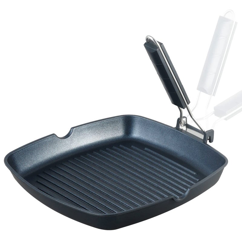 S·KITCHN Grill Pan with Folding Handle, Nonstick Grill Pan for Stove Tops, Induction Compatible KBBQ Grill Pan with Pour Spouts, Indoor Square BBQ Grilling Pan - 11 in - Image 1