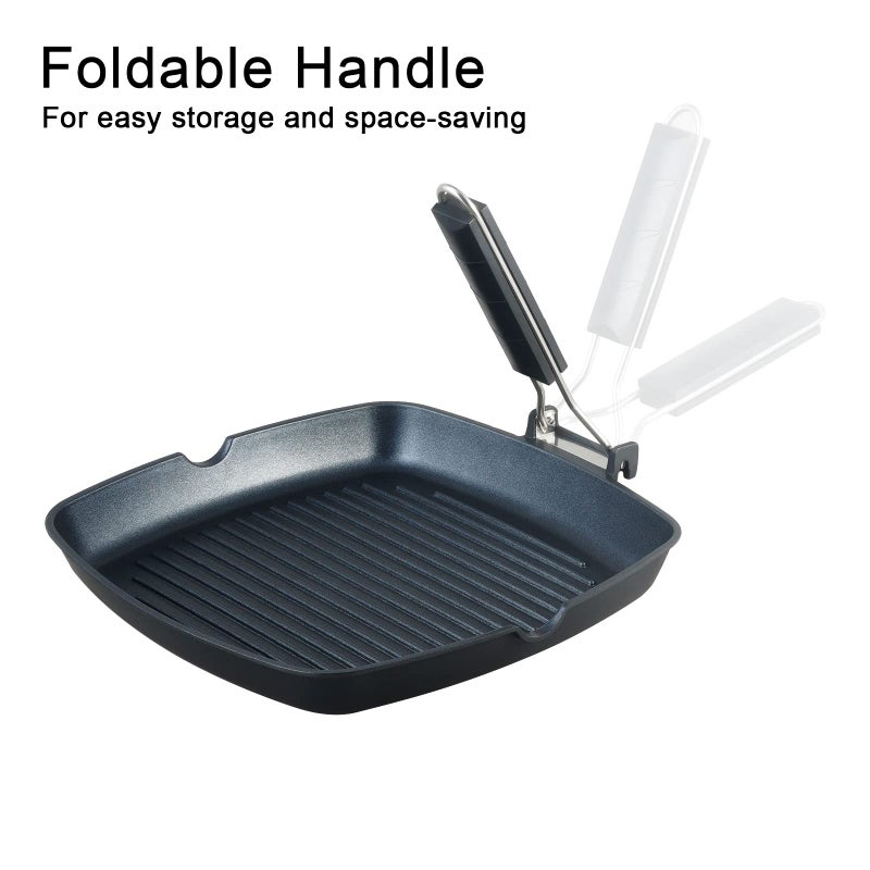 S·KITCHN Grill Pan with Folding Handle, Nonstick Grill Pan for Stove Tops, Induction Compatible KBBQ Grill Pan with Pour Spouts, Indoor Square BBQ Grilling Pan - 11 in - Image 5