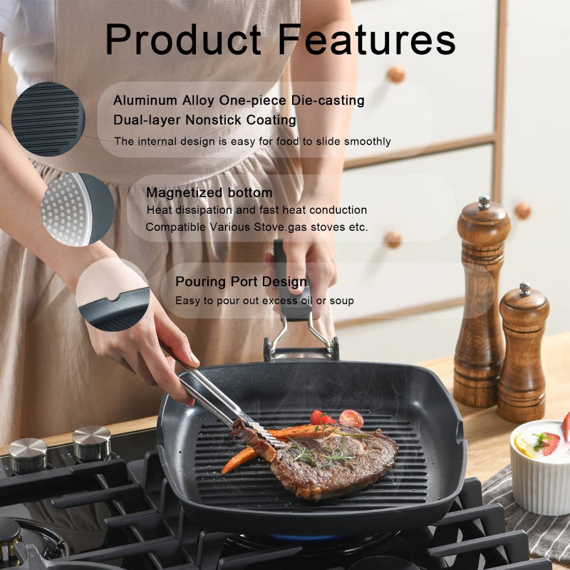 S·KITCHN Grill Pan with Folding Handle, Nonstick Grill Pan for Stove Tops, Induction Compatible KBBQ Grill Pan with Pour Spouts, Indoor Square BBQ Grilling Pan - 11 in - Image 3