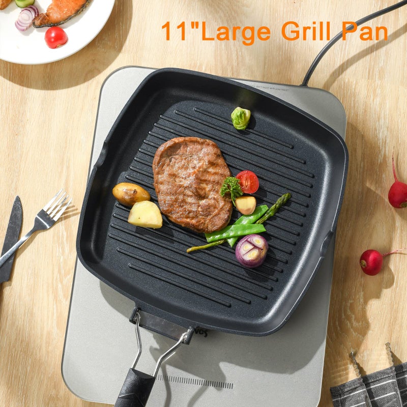 S·KITCHN Grill Pan with Folding Handle, Nonstick Grill Pan for Stove Tops, Induction Compatible KBBQ Grill Pan with Pour Spouts, Indoor Square BBQ Grilling Pan - 11 in - Image 2