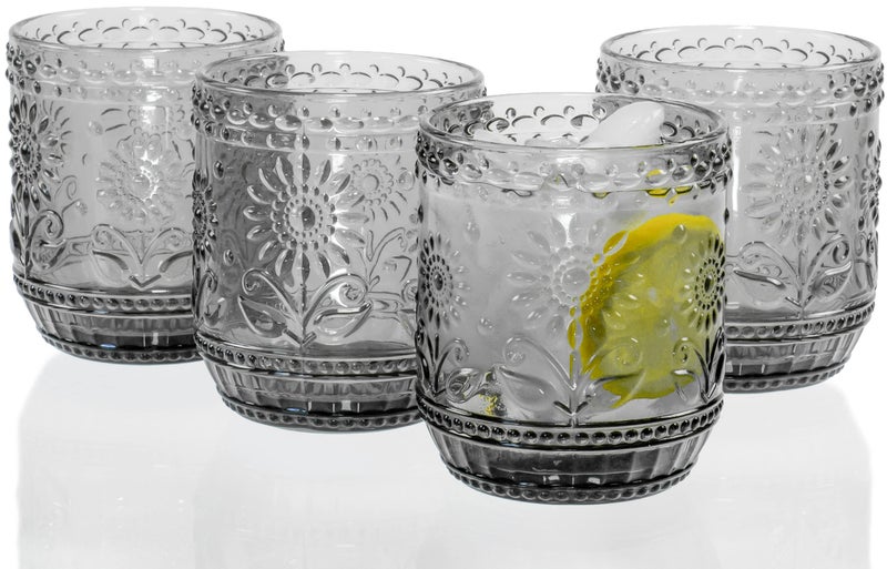 Red Co Vintage Botanist Drinking Glass Set Luxurious Floral Embossed Decorative Gry Glassware Set of 4 4inch 12 oz
