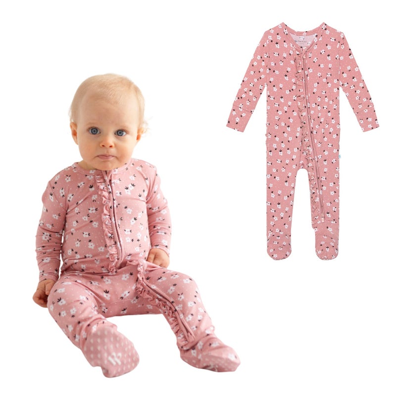 Posh Peanut Footie Pajamas for Baby Girls â€“ Sleepers in Ultra-Soft Viscose from Bamboo with 2-Way Zipper & Ruffle Trim â€“ Newborn to Toddler Sleepwear (Emmilene, 3-6 Months) - Image 1