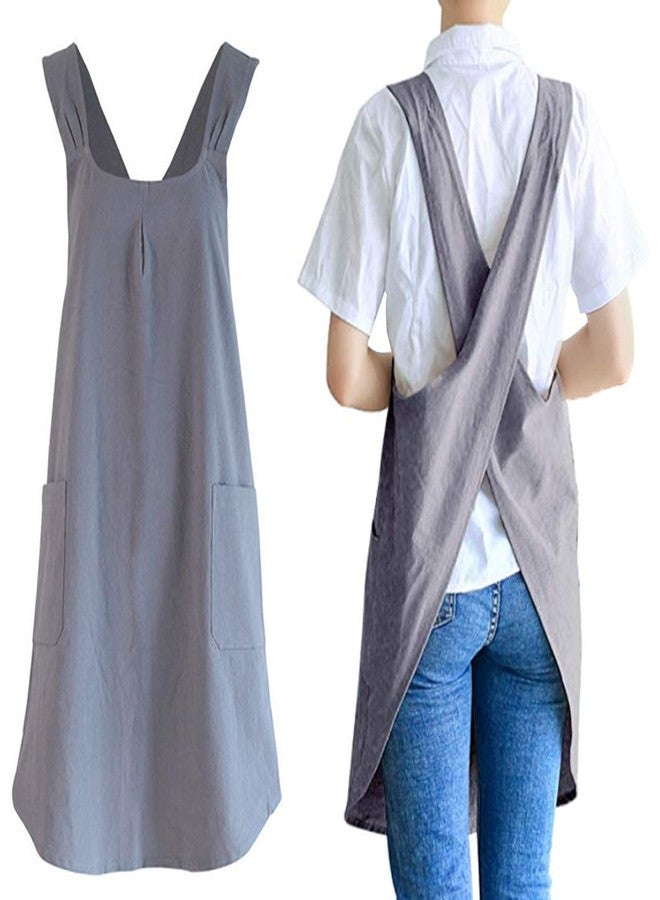 losofar Soft Cotton Linen Apron Cross Back X-Shaped Japanese Style Pinafore Dress for Cooking, Housewarming, Daily Chores (grey, (28.3"x 35.4")) - Image 1