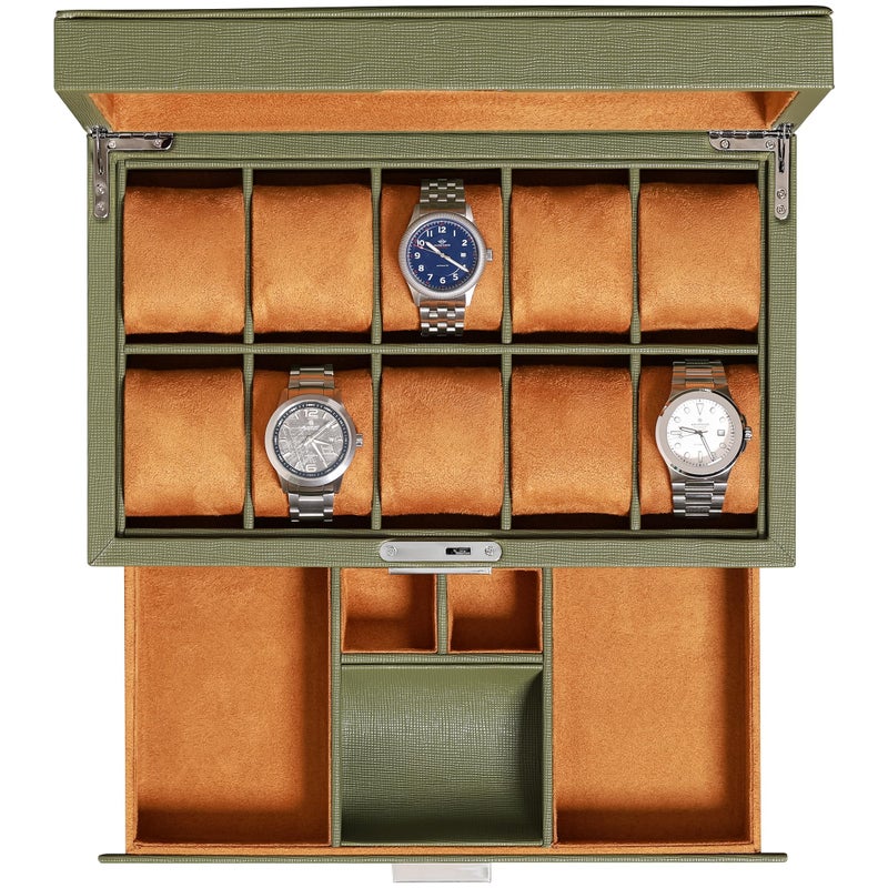 ROTHWELL 10-Slot Watch Box in Leather with Valet Drawer, Luxury Watch Case Display Organizer with Ultra Soft Microsuede Liner, Jewelry and Sunglass Holder With Large Glass top (Green/Tan) - Image 1