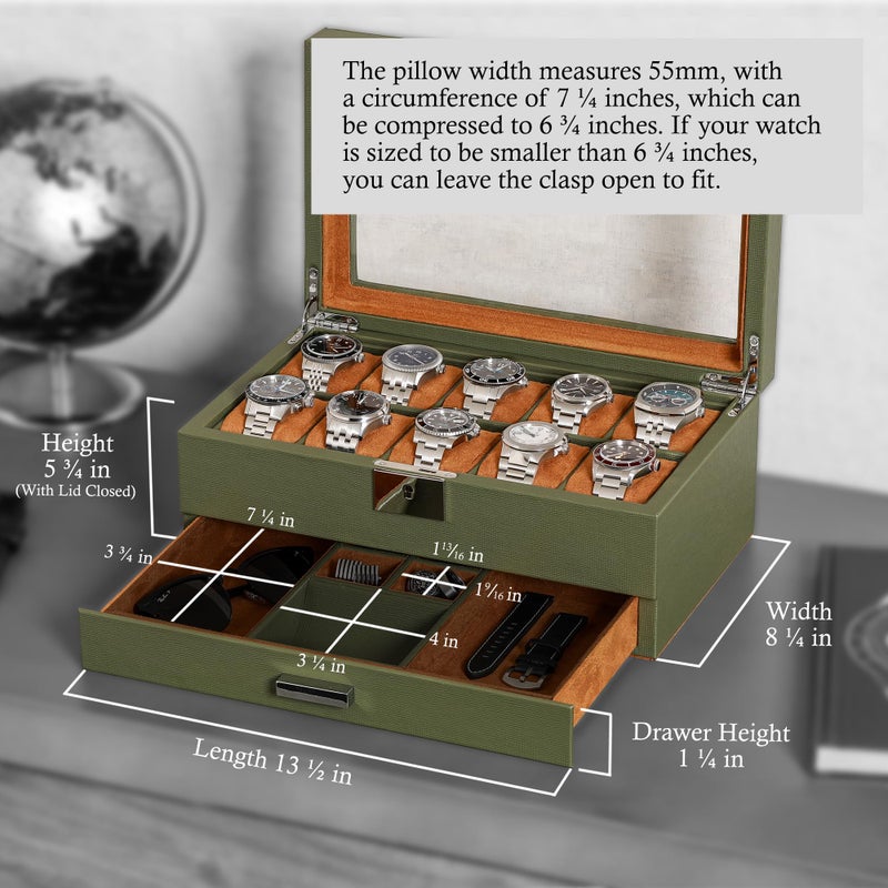 ROTHWELL 10-Slot Watch Box in Leather with Valet Drawer, Luxury Watch Case Display Organizer with Ultra Soft Microsuede Liner, Jewelry and Sunglass Holder With Large Glass top (Green/Tan) - Image 2