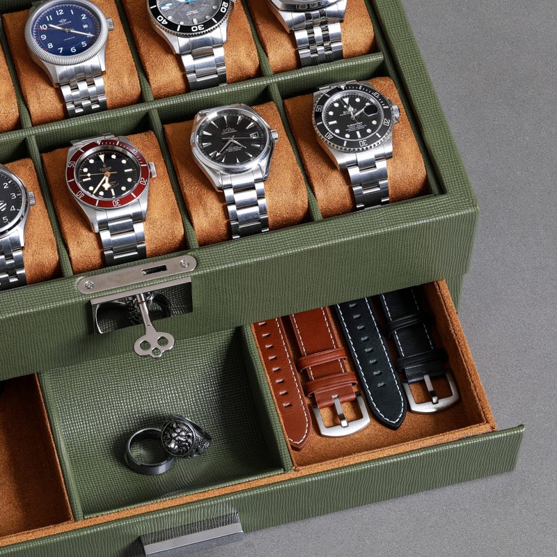 ROTHWELL 10-Slot Watch Box in Leather with Valet Drawer, Luxury Watch Case Display Organizer with Ultra Soft Microsuede Liner, Jewelry and Sunglass Holder With Large Glass top (Green/Tan) - Image 4