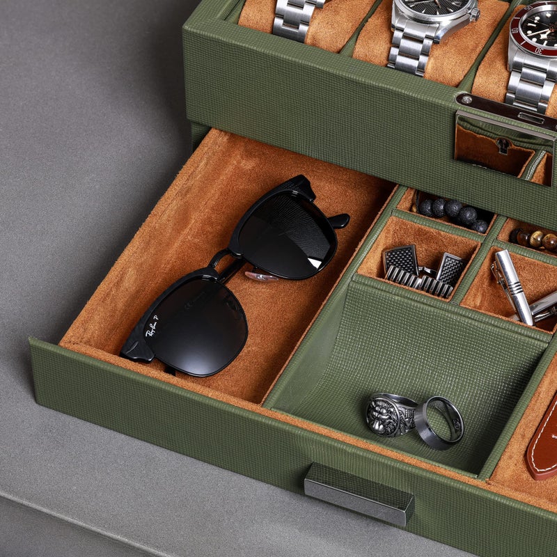 ROTHWELL 10-Slot Watch Box in Leather with Valet Drawer, Luxury Watch Case Display Organizer with Ultra Soft Microsuede Liner, Jewelry and Sunglass Holder With Large Glass top (Green/Tan) - Image 5