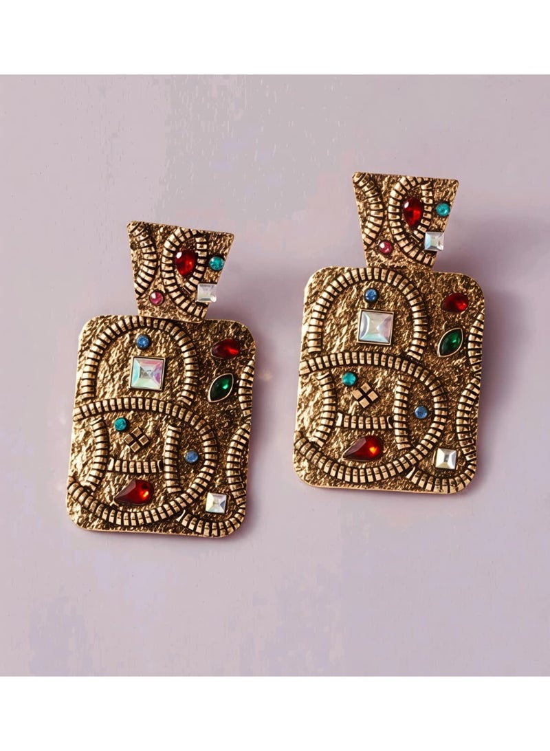 Shein 1 Pair Bohemian Style Geometric Alloy Inlaid Colorful Rhinestone Square Earrings from SHEIN - Image 1