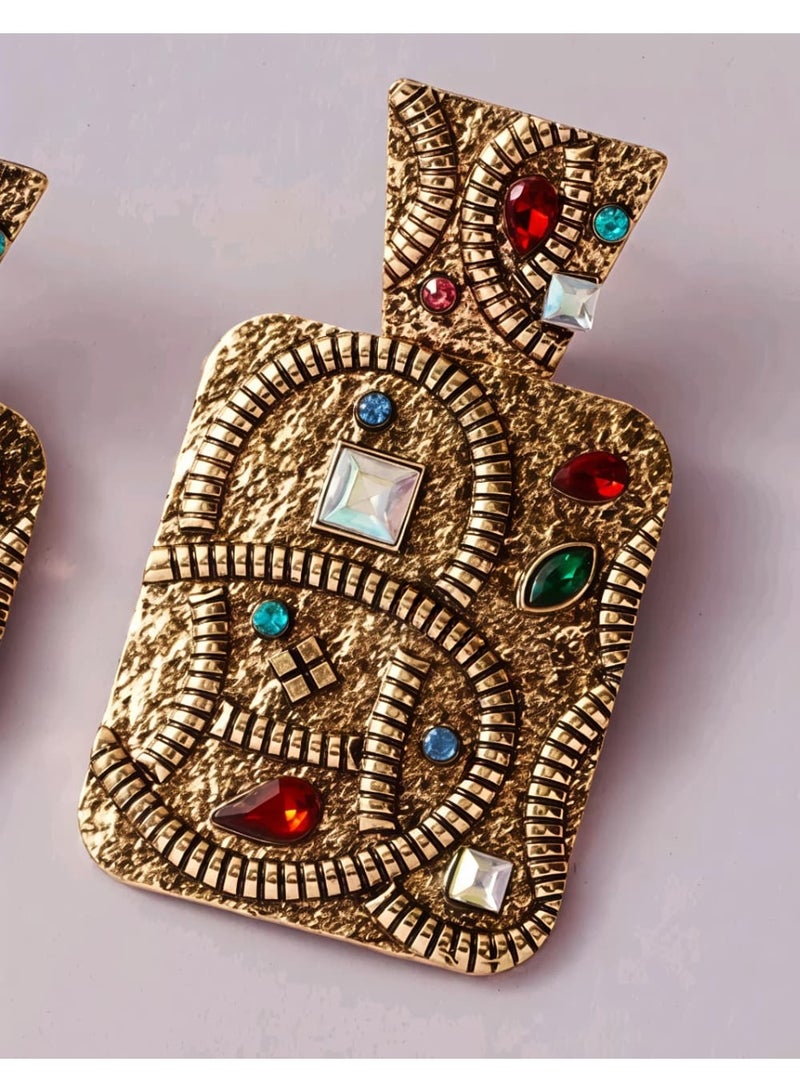 Shein 1 Pair Bohemian Style Geometric Alloy Inlaid Colorful Rhinestone Square Earrings from SHEIN - Image 2
