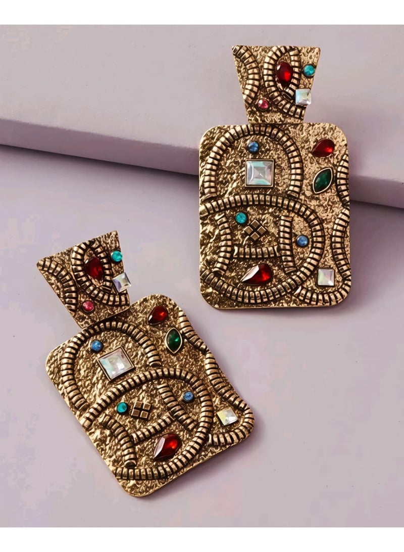 Shein 1 Pair Bohemian Style Geometric Alloy Inlaid Colorful Rhinestone Square Earrings from SHEIN - Image 3