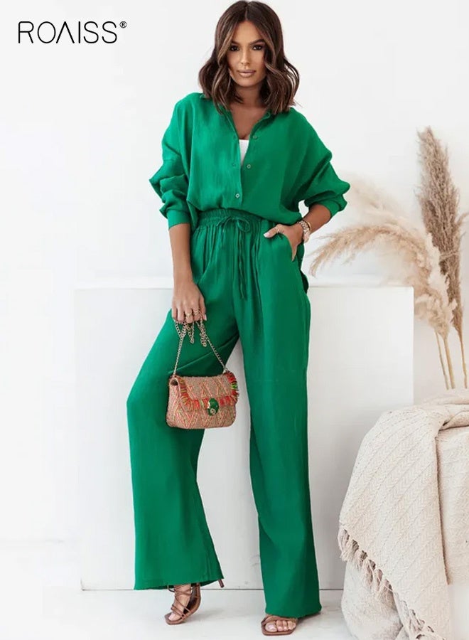 roaiss Ladies Comfortable Cotton Linen 2 Piece Suit for Daily Commute - Shirt and Wide Leg Pants Set with Simple Loose Fit Design for Leisure - Image 1