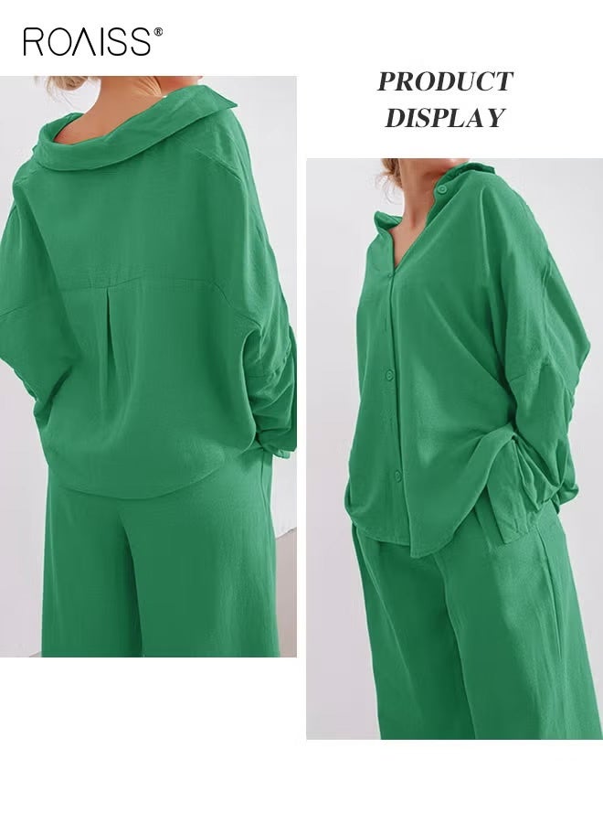 roaiss Ladies Comfortable Cotton Linen 2 Piece Suit for Daily Commute - Shirt and Wide Leg Pants Set with Simple Loose Fit Design for Leisure - Image 5