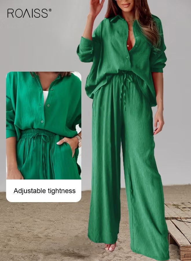 roaiss Ladies Comfortable Cotton Linen 2 Piece Suit for Daily Commute - Shirt and Wide Leg Pants Set with Simple Loose Fit Design for Leisure - Image 3