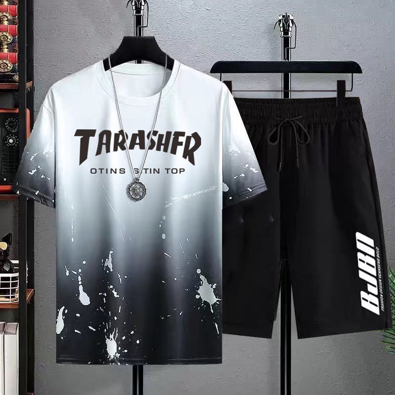 New Gradient Quick-Dry Mens T-Shirt Shorts Set TAR White Gradient Splash Ink-suit