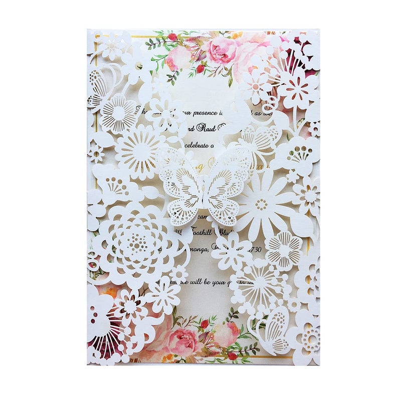 Hosmsua 50PCS 512 x 73 Ivory Laser Cut Lace Flora Wedding Invitation Cards with Butterfly and Envelopes for Bridal Shower Engagement Quinceaera Sweet 16 Birthday Wedding invite Ivory