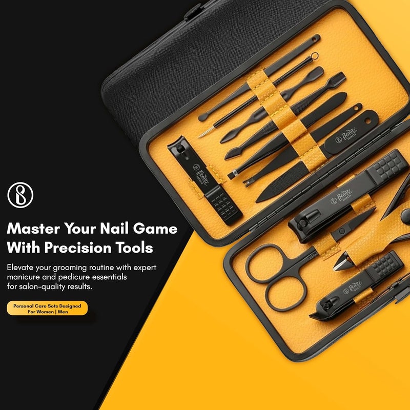 Beauté Secrets Beaut Secrets Essentials Manicure Set Nail Clippers Stainless Steel Nail Scissors Grooming Kit Acne needle Blackhead Tool Leather Travel Case Yellow - Image 4