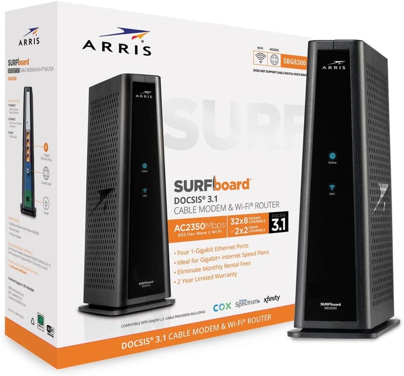 ARRIS (SBG8300) - جهاز مودم وكابل مزدوج - سريع DOCSIS 3.1 جيجابت و AC2350 واي فاي ، كومكاست إكسفينتي ، كوكس ، سبيكتروم والمزيد ، 1 جيجابت في الثانية كحد أقصى لسرعات الإنترنت ، 4 قنوات OFDM - Image 2