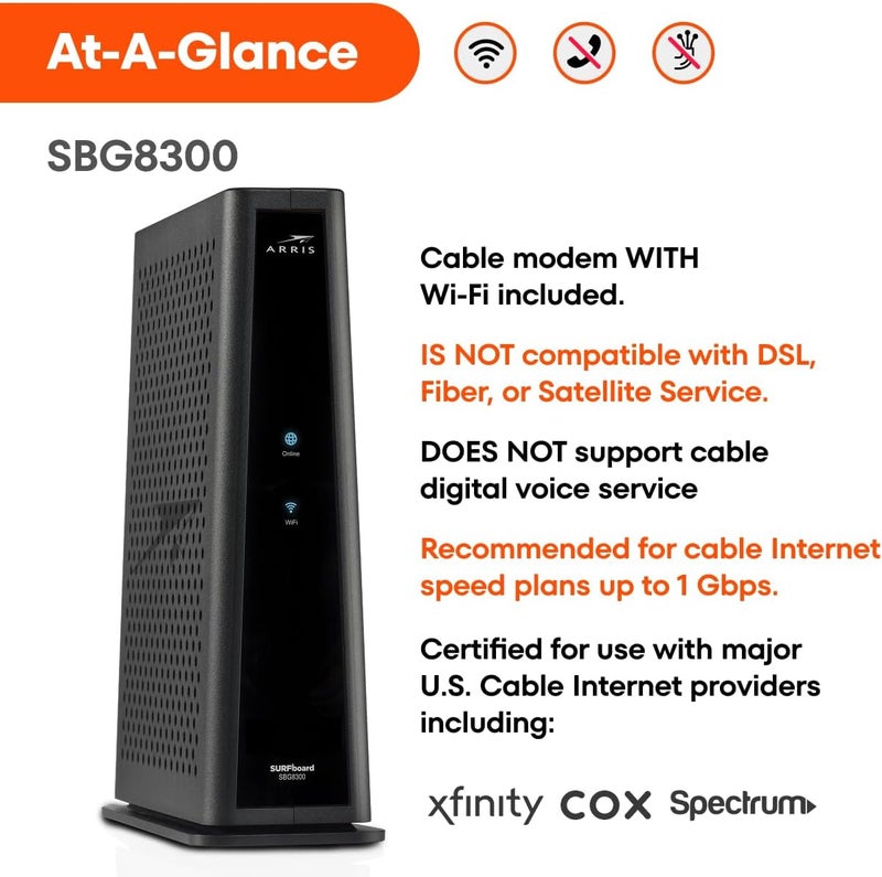ARRIS (SBG8300) - جهاز مودم وكابل مزدوج - سريع DOCSIS 3.1 جيجابت و AC2350 واي فاي ، كومكاست إكسفينتي ، كوكس ، سبيكتروم والمزيد ، 1 جيجابت في الثانية كحد أقصى لسرعات الإنترنت ، 4 قنوات OFDM - Image 4