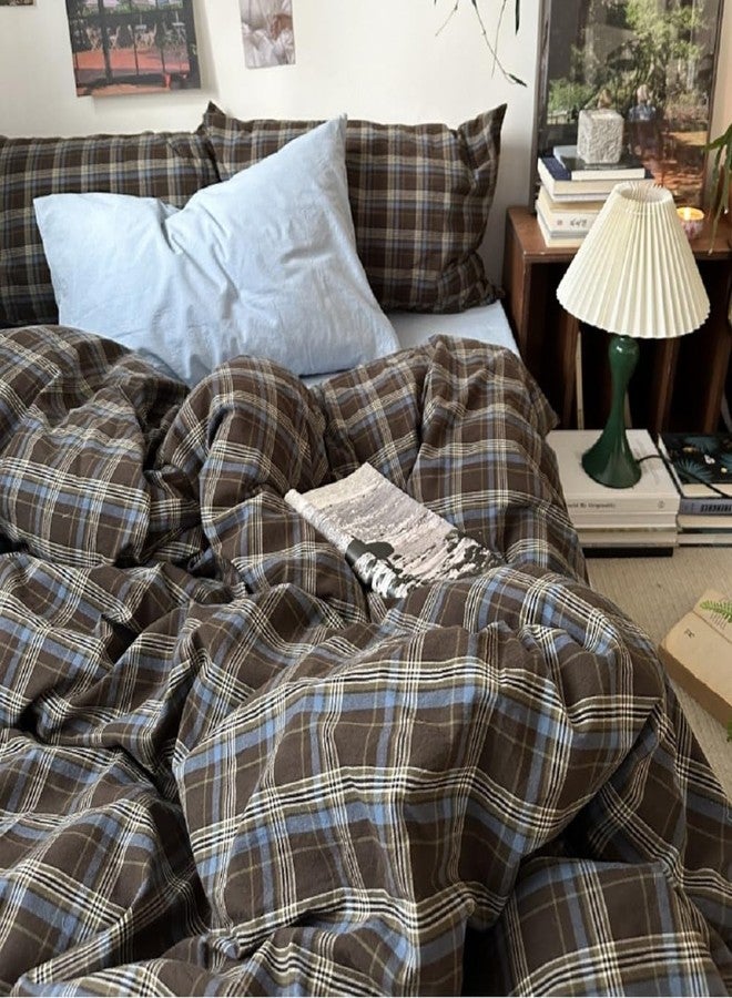 Erwinmu Gingham Duvet Cover Set Queen Size Brown Blue Bedding Set for Girls Boys,Vintage Buffalo Plaid Duvet Comforter Cover with Grid Pattern with Zipper Closure and 2 Pillowcases - Image 1