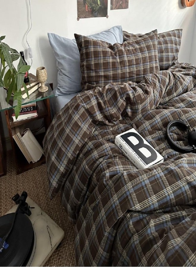 Erwinmu Gingham Duvet Cover Set Queen Size Brown Blue Bedding Set for Girls Boys,Vintage Buffalo Plaid Duvet Comforter Cover with Grid Pattern with Zipper Closure and 2 Pillowcases - Image 4