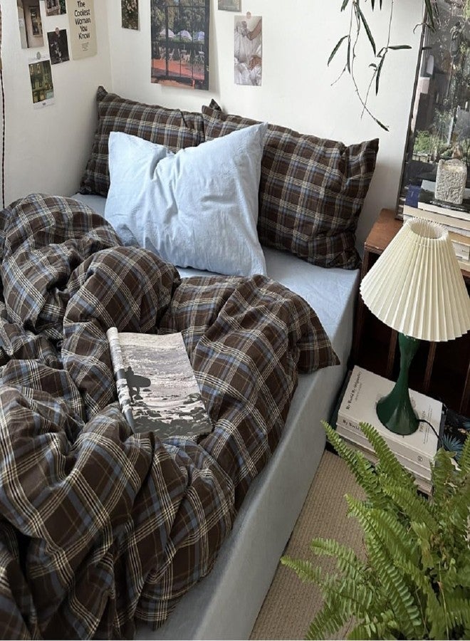 Erwinmu Gingham Duvet Cover Set Queen Size Brown Blue Bedding Set for Girls Boys,Vintage Buffalo Plaid Duvet Comforter Cover with Grid Pattern with Zipper Closure and 2 Pillowcases - Image 3