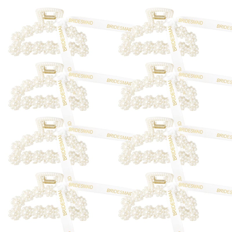 DEEKA Bridesmaid Proposal Gifts 8 Pack Pearl Bridesmaid Hair Claw Clips with Ribbon 3 Inch Hair Clips Bachelorette Party Favors Bridal Party Present Hair Accessories (Half Circle) - Image 1