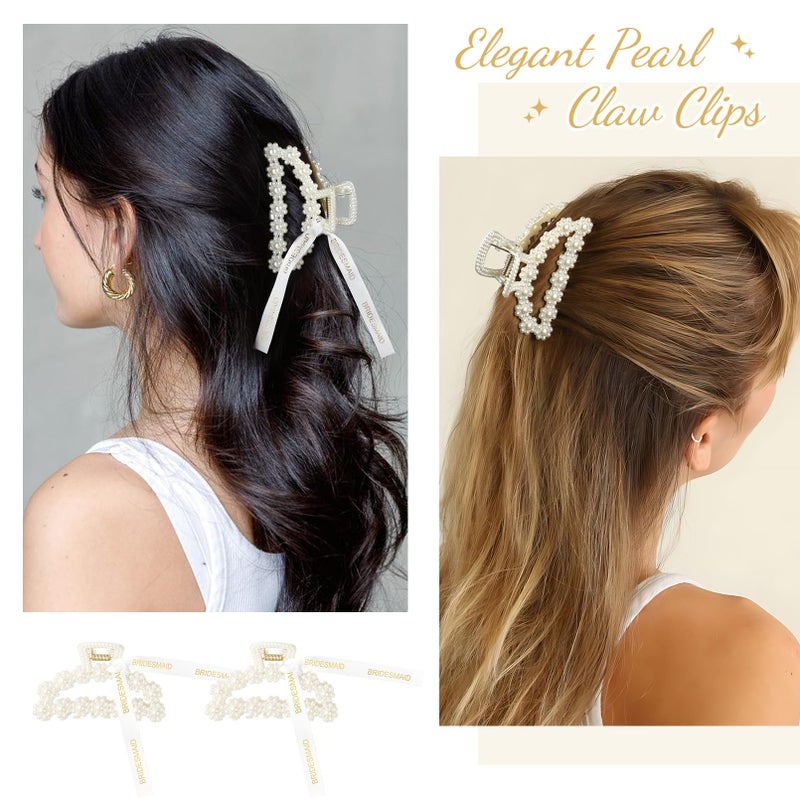 DEEKA Bridesmaid Proposal Gifts 8 Pack Pearl Bridesmaid Hair Claw Clips with Ribbon 3 Inch Hair Clips Bachelorette Party Favors Bridal Party Present Hair Accessories (Half Circle) - Image 3