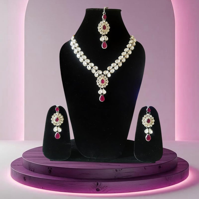 CRUSSTIQUE GOLD Crystal Necklace and Earrings Jewellery Set with Silver-Plated Teardrop Design and Ruby Red Stones | Traditional Indian Style Ethnic Jewellery for Women and Weddings - Image 4