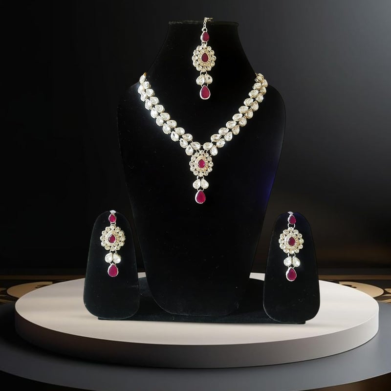 CRUSSTIQUE GOLD Crystal Necklace and Earrings Jewellery Set with Silver-Plated Teardrop Design and Ruby Red Stones | Traditional Indian Style Ethnic Jewellery for Women and Weddings - Image 3